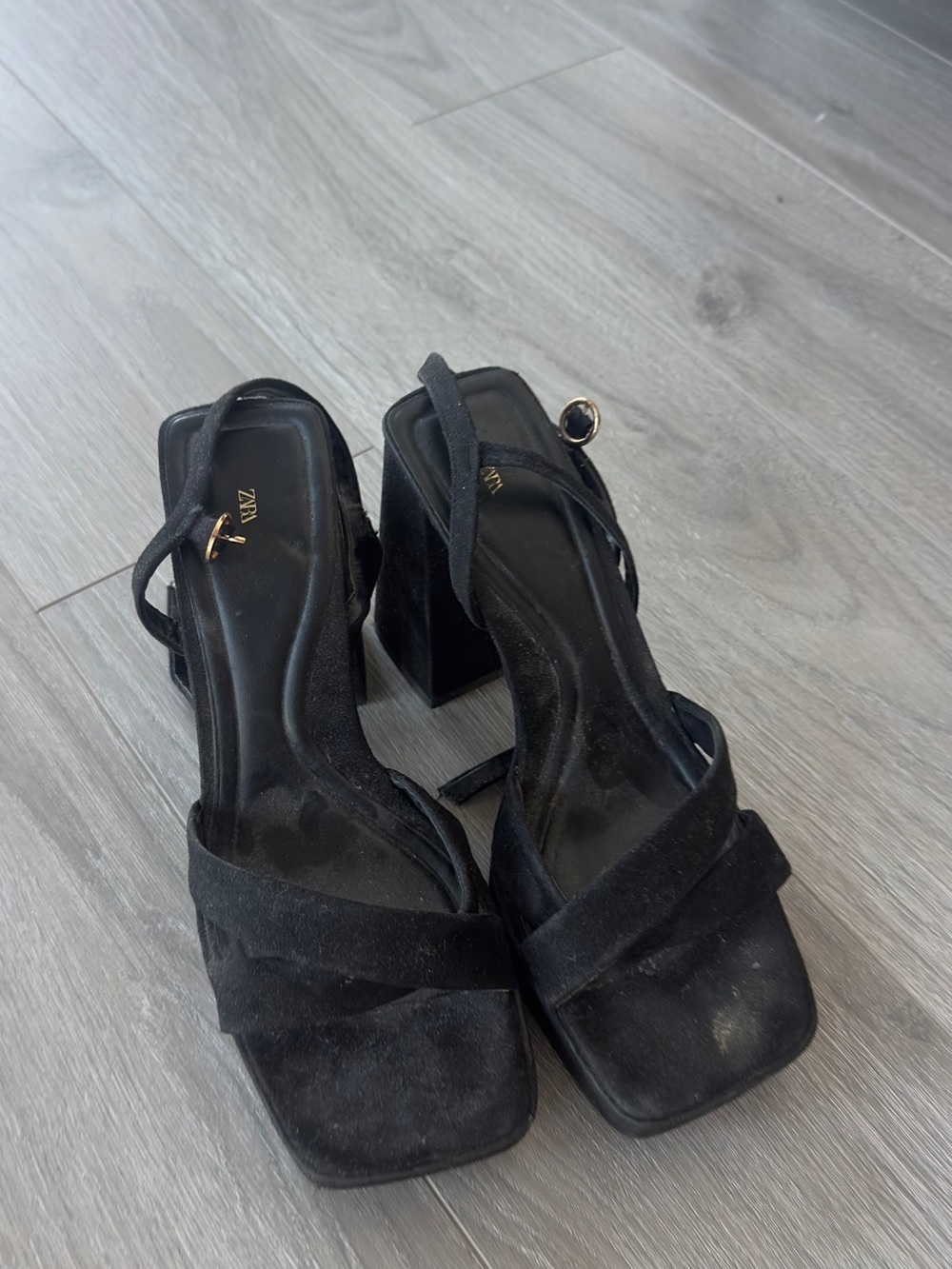 Black Suede Block Heel Sandals with Ankle Strap - ZARA